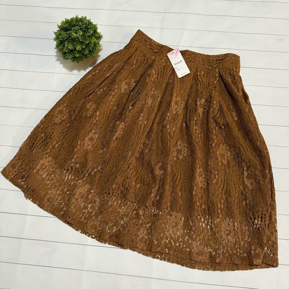 NWT Brown Tan Lace Fit Flare Long Modest‎ Midi Skirt Size Medium Western Boo